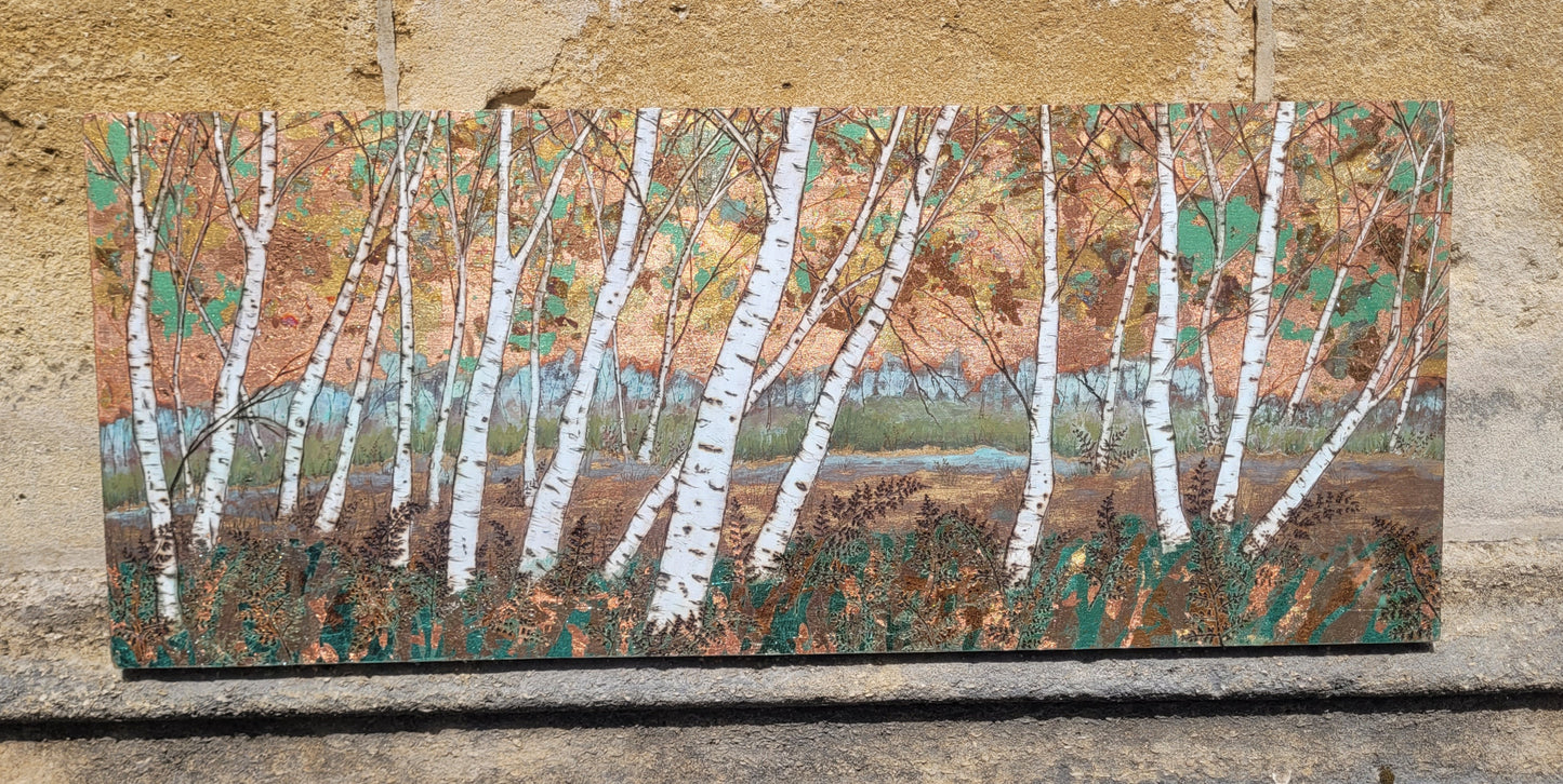 Shimmer Birch Forest green and ferns.